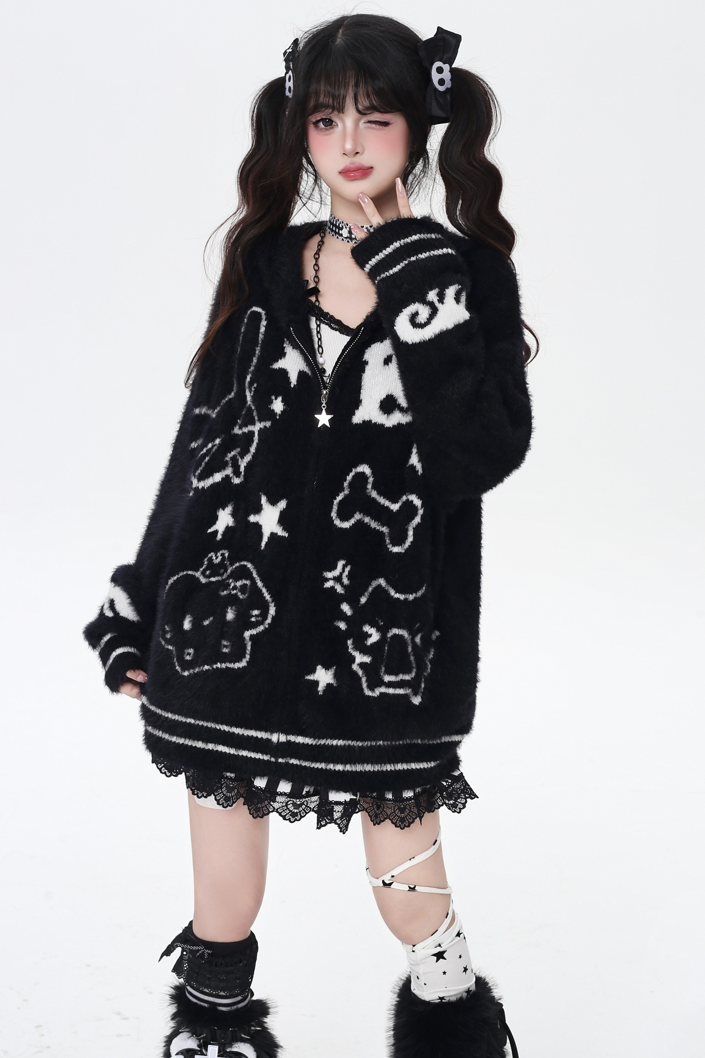 キャットジップフーセーターカーディガン