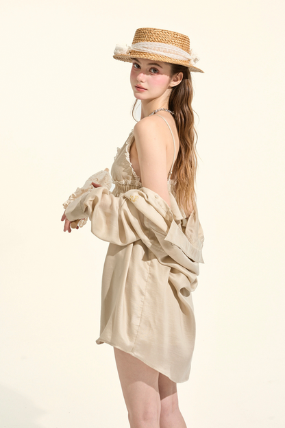 パスティルスタイルカーキレースキャミソール+シャツ +ショートパンツ