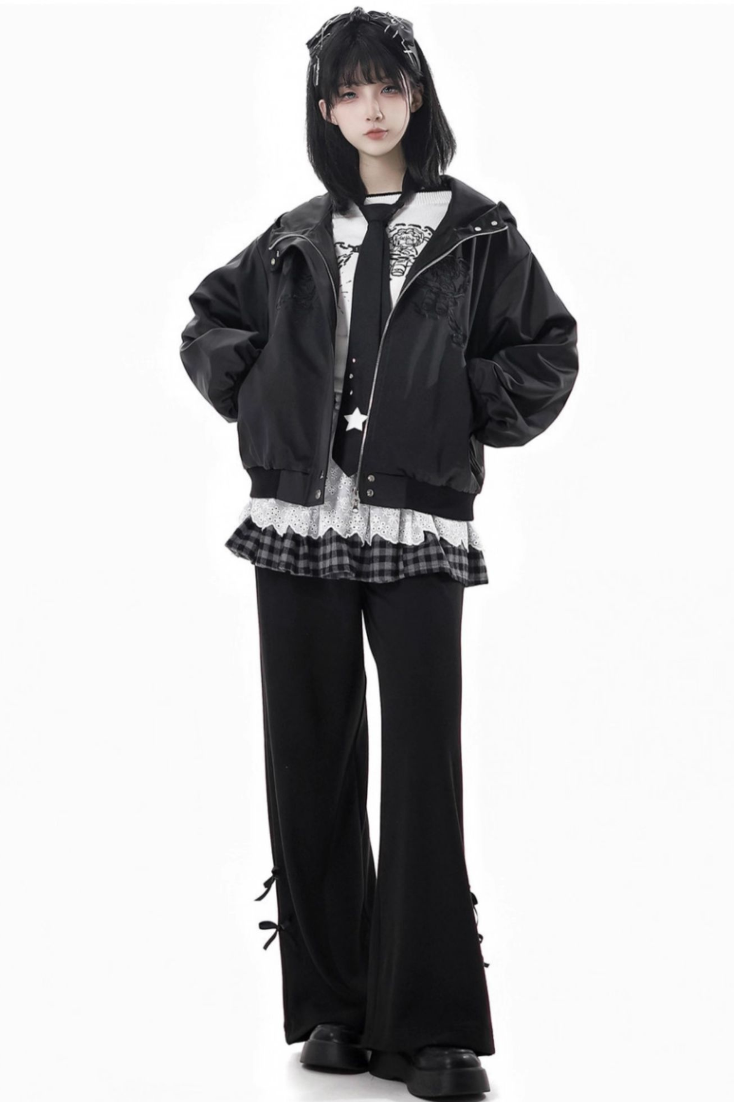 One-shoulder top + pants + hooded par jacket + skirt