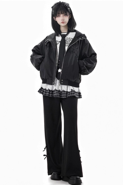 One-shoulder top + pants + hooded par jacket + skirt