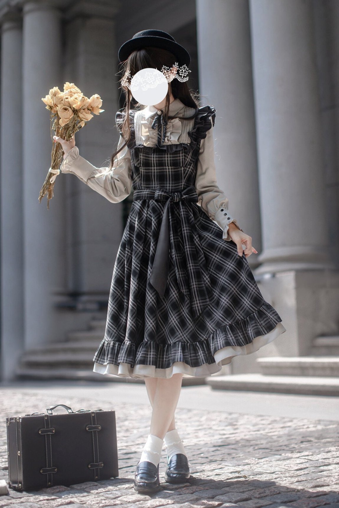 Black And Grey Check Waist Dress