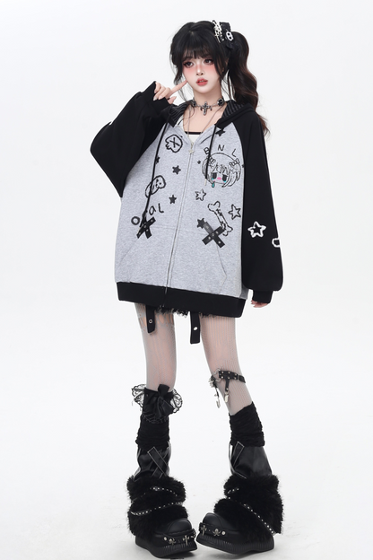 ガールイラストフードルーズパーカー