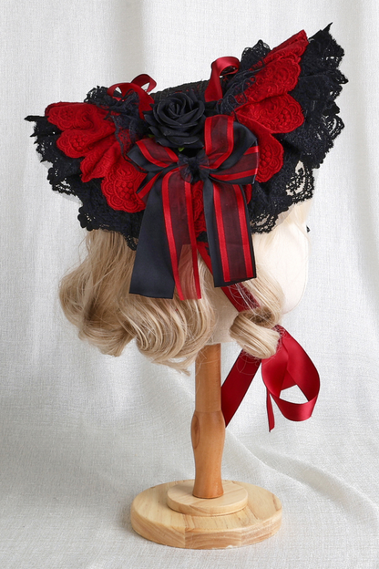 Dark Frilled Lolita Hairband + Flat Hat + Hat Clip + Ribbon Clip + Sleeve