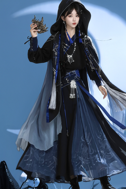 Dark china hooded top + belt + cape + necklace + skirt