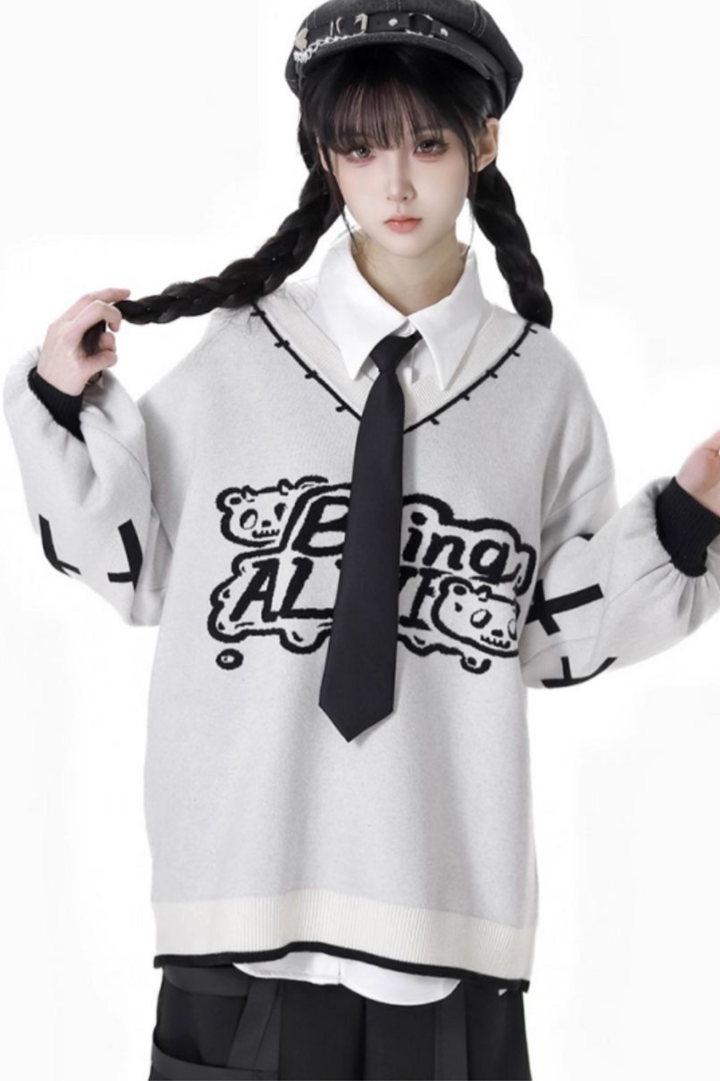 猫耳フードトップス+ルーズニットセーター+カーゴパンツ+ストラップスカート