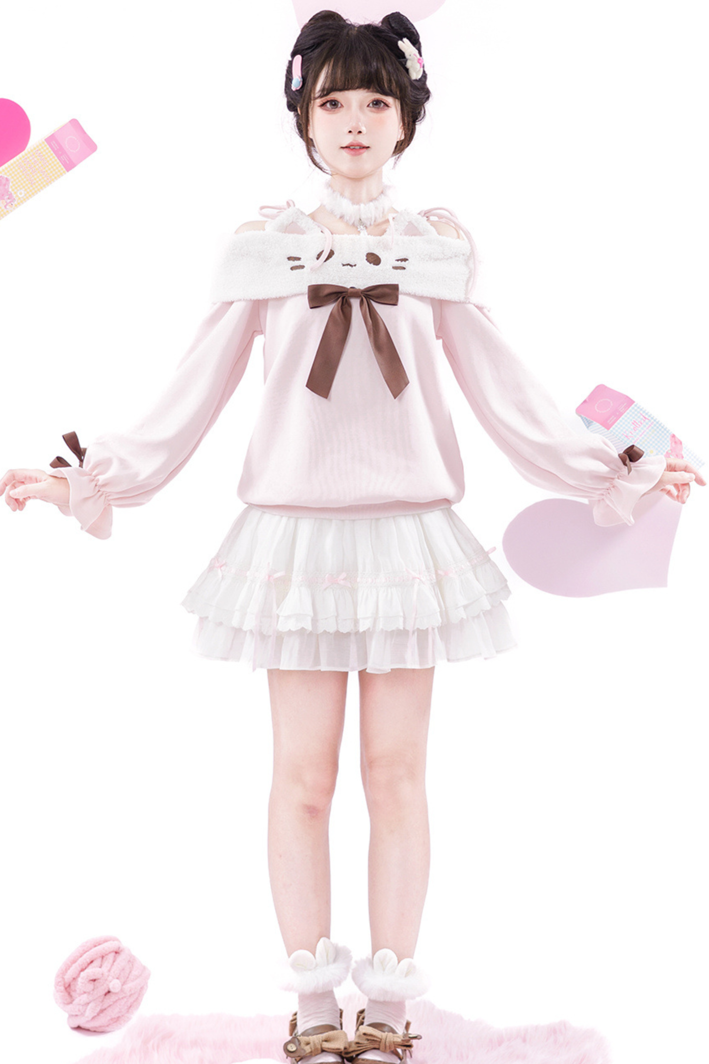 キャットオフショルダートップス+ケーキスカート