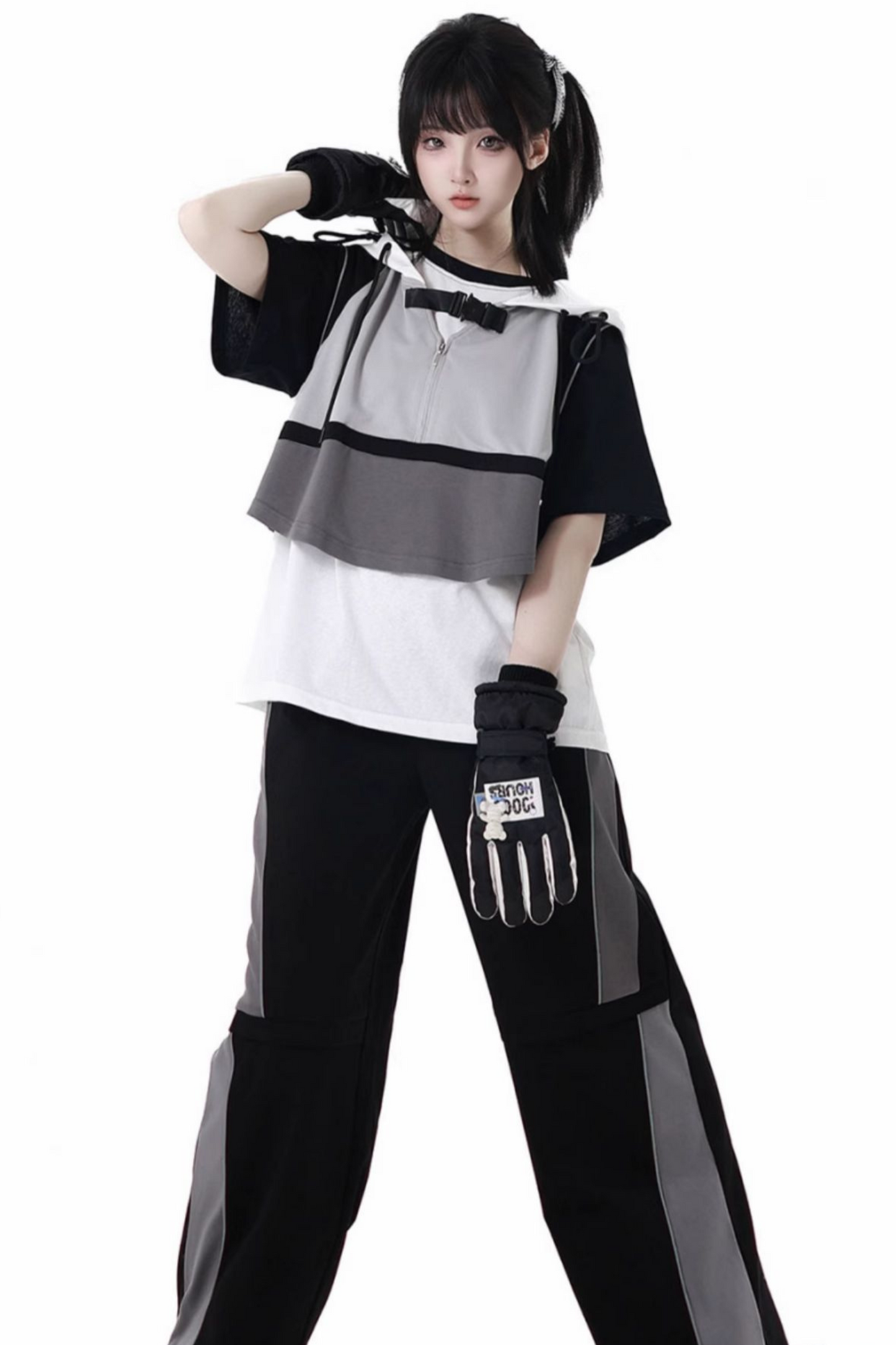 モードカジュアルレイヤードベスト+Tシャツ+ワイドパンツ+ワンピース