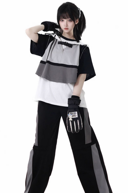 モードカジュアルレイヤードベスト+Tシャツ+ワイドパンツ+ワンピース