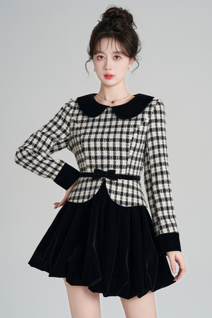 ベルベットモノクロチェックドレス