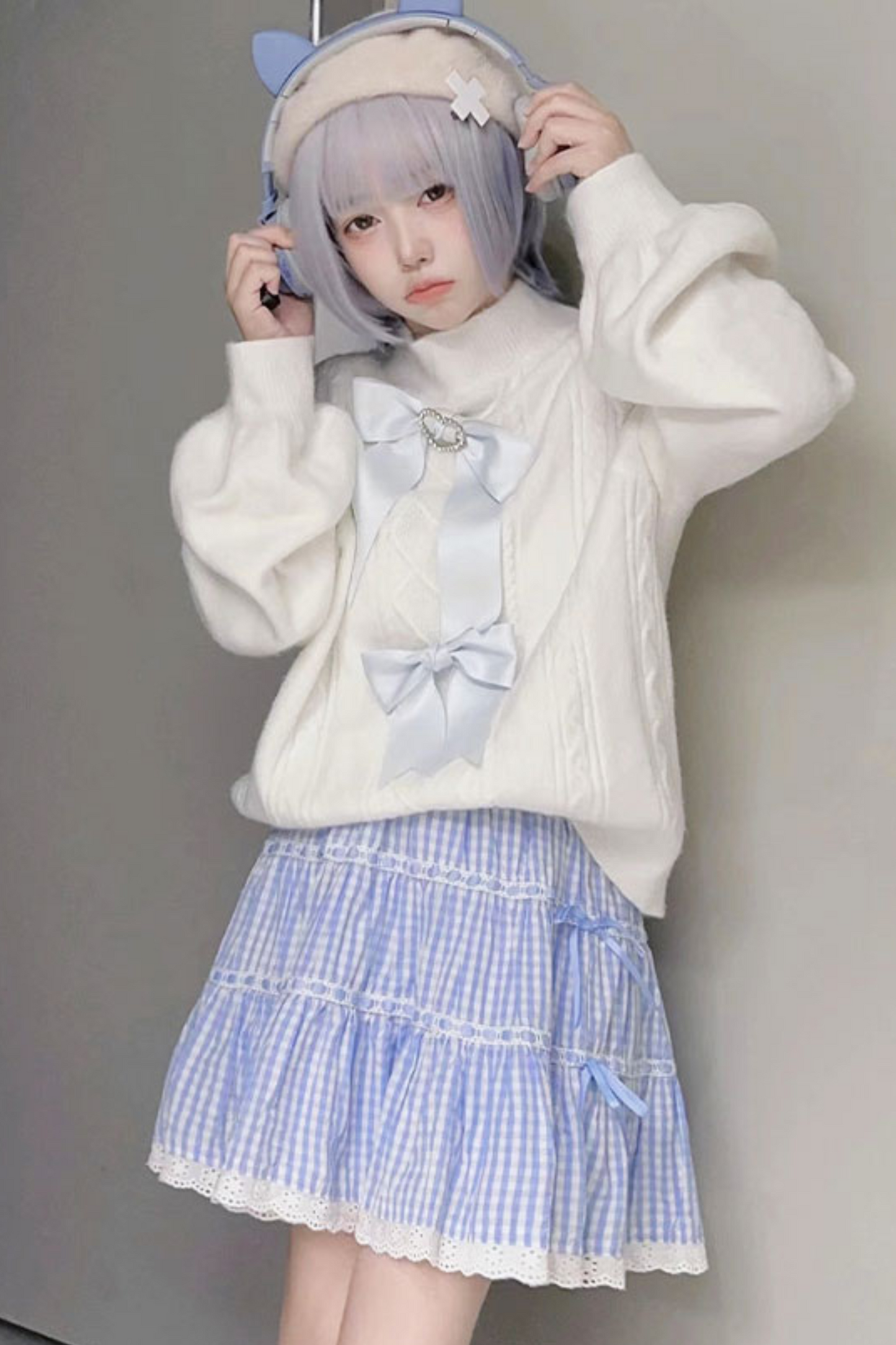 Sweet girly ribbon white aqua top