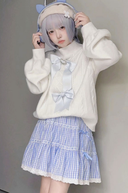 Sweet girly ribbon white aqua top