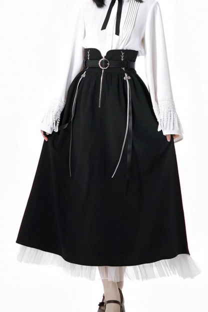 ダークモードスクエアネックカーディガン+シャツ+ロングスカート