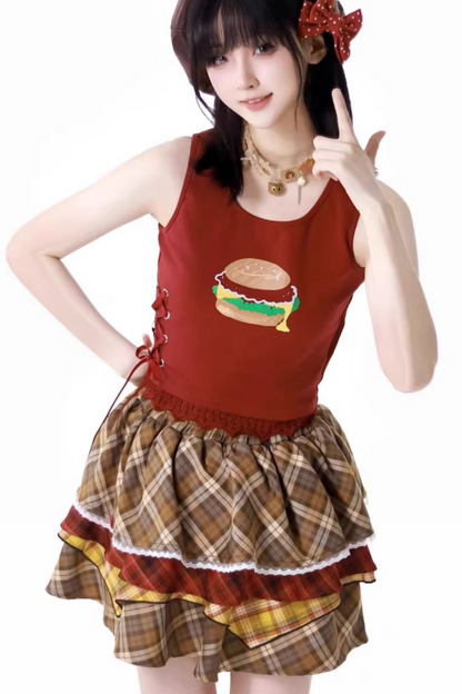 オーバーシャツ＋ノースリーブトップス＋ケーキスカート