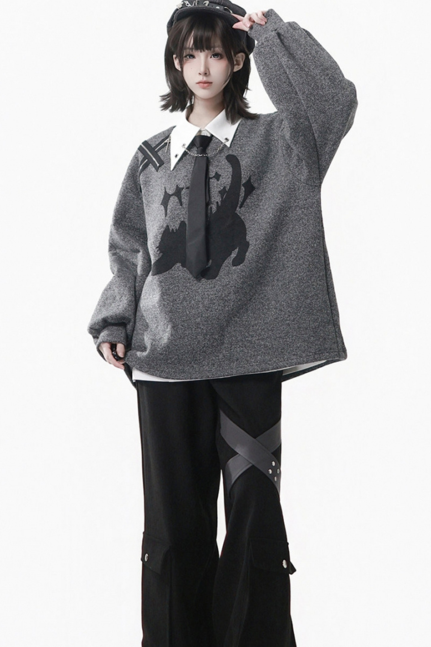 グレーウィンタープレッピーカレッジロングトップス+ショートトップス+スカート+パンツ+シャツ