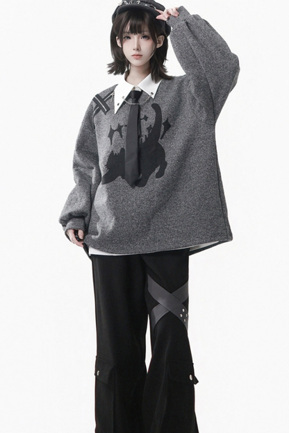 グレーウィンタープレッピーカレッジロングトップス+ショートトップス+スカート+パンツ+シャツ