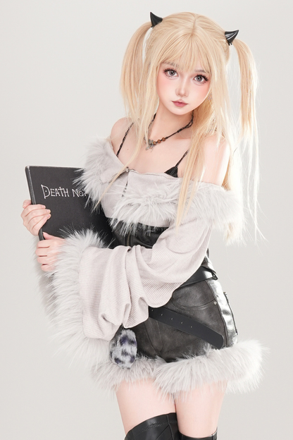 Y2Kファーオフショルダーニットトップス