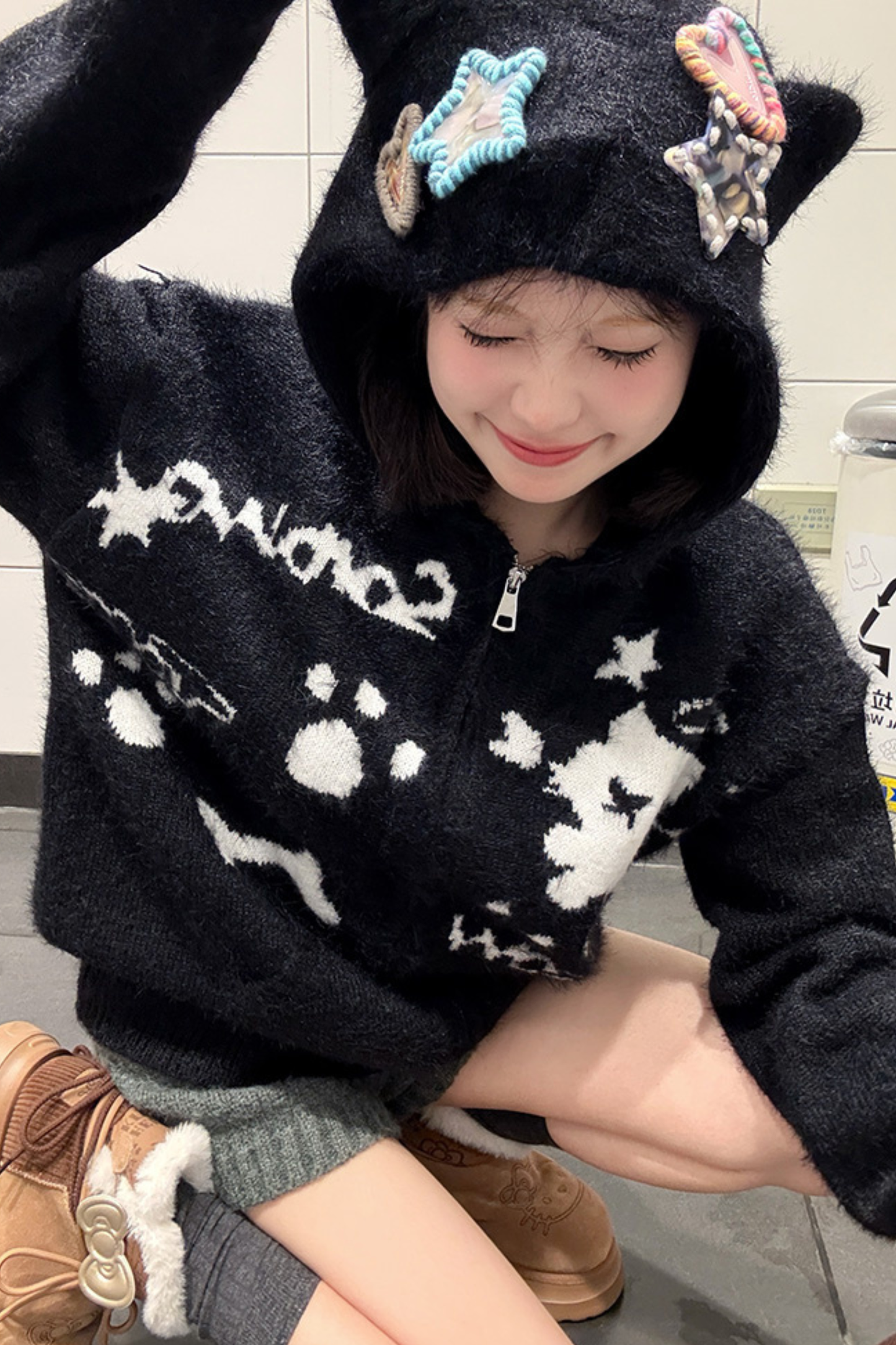 キャットデザインフードニットカーディガン