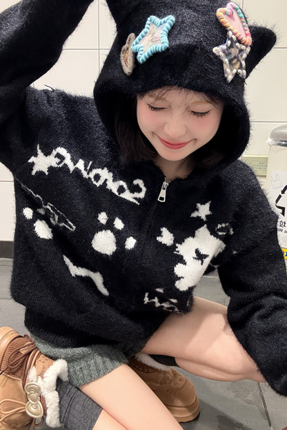 キャットデザインフードニットカーディガン