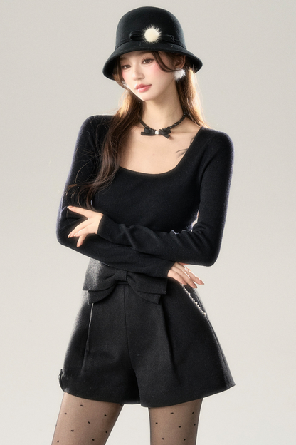 Wool square collar base slim top