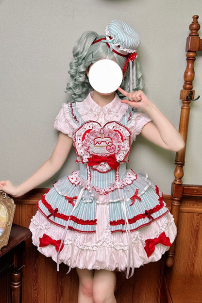 [Pre-order Deadline: September 27] Twin Tiered Lolita Dot Ribbon Striped Dress + Flower Bud Skirt Dress