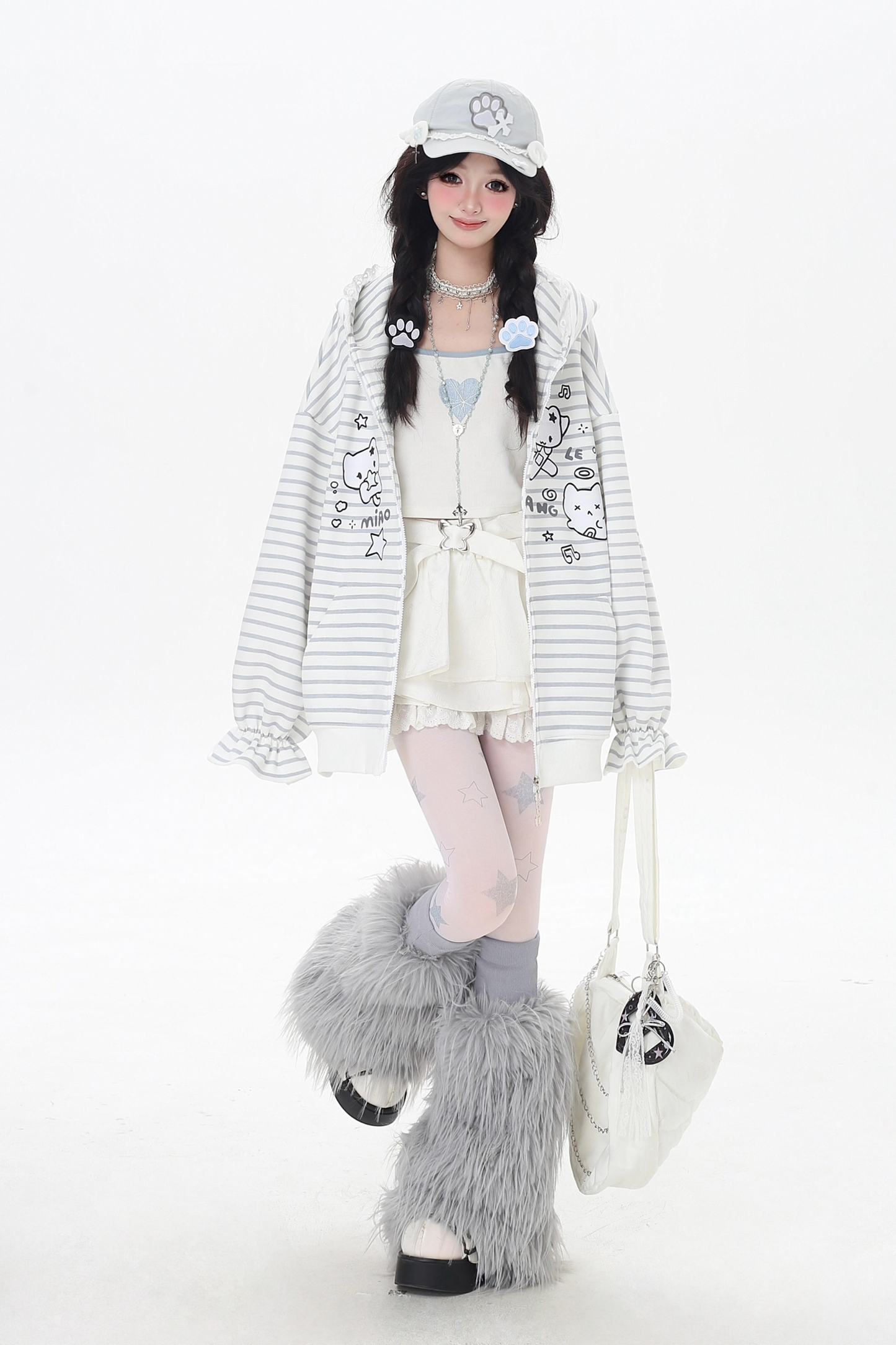 ボーダールーズキャットデザインフードパーカー