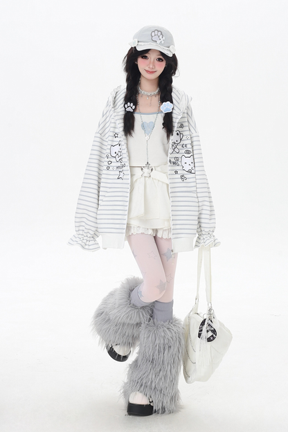 ボーダールーズキャットデザインフードパーカー