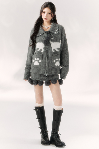 Cat Ball French Knit Sweater + Fur Skirt