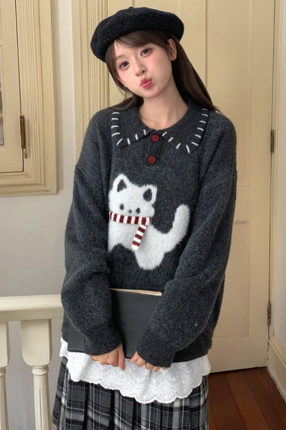 キャットニットセーター+スノーフレークカーディガン