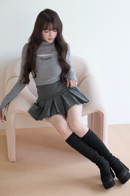 High Neck Knit Top + Check Skirt