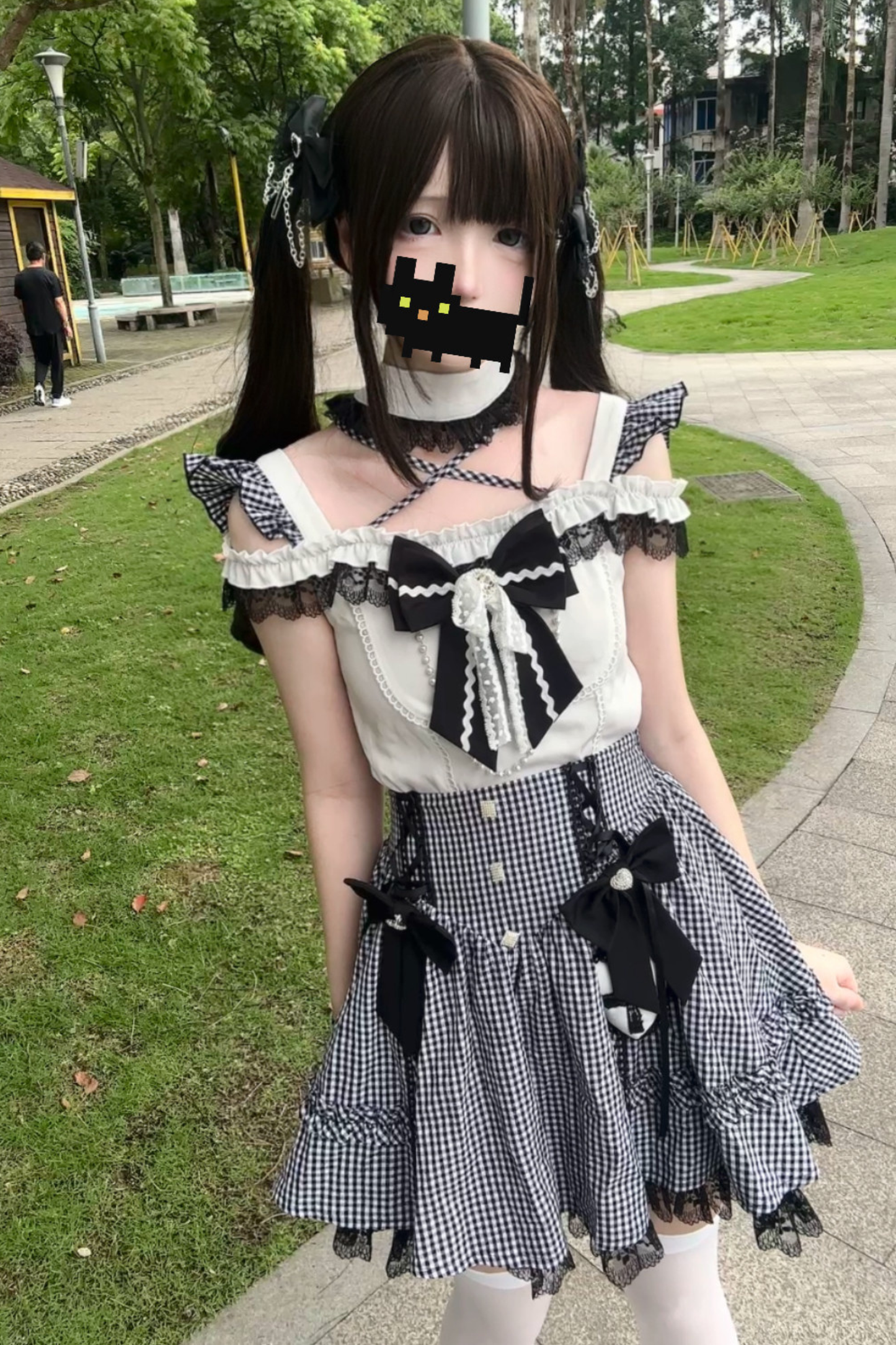 チェックオフショルダートップス+スカート