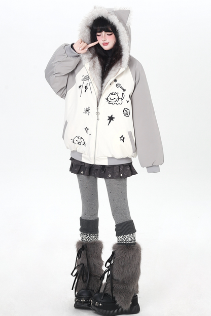 Cat Ear Bicolor Fur Jacket