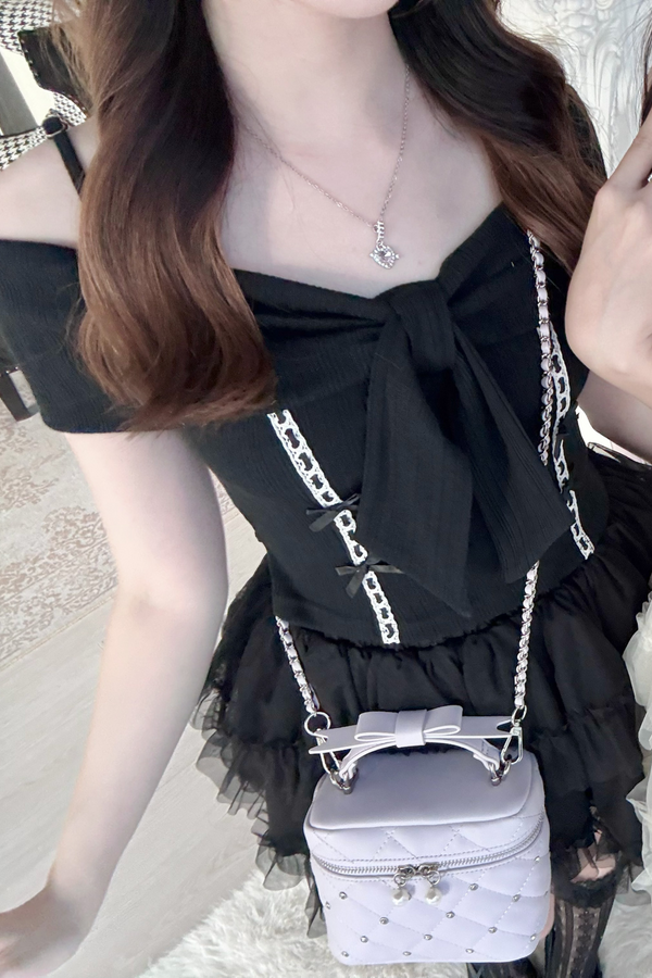 ワンショルダーリボンニットトップス