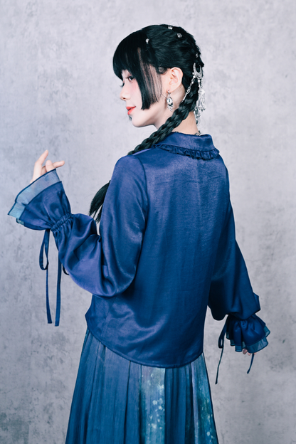 Blue World Floating Light Splice Ruffle Lantern Sleeve Shirt