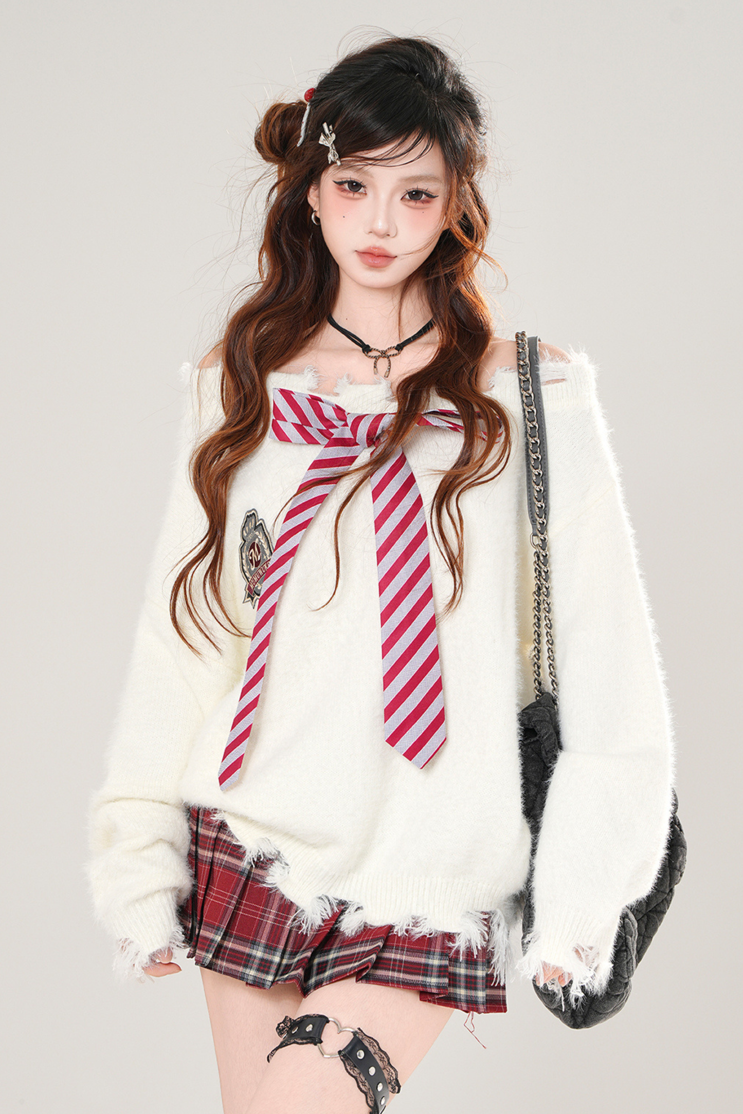 ストライプリボンオフショルダーニット