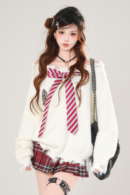 ストライプリボンオフショルダーニット