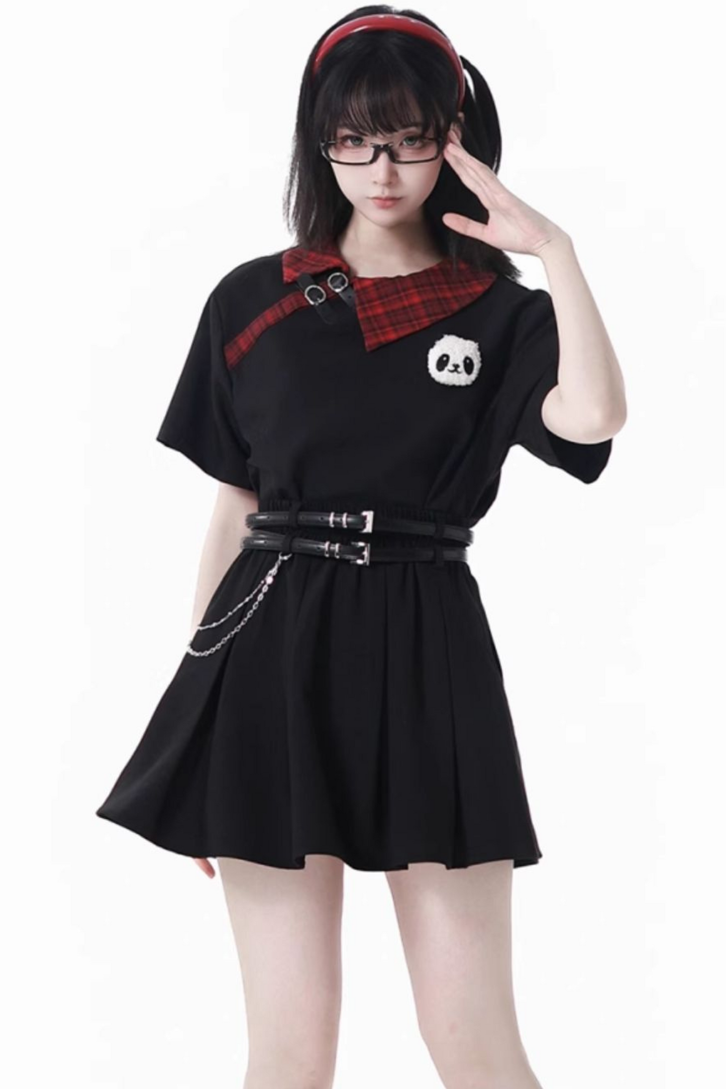 Love Comi Panda Checkered Dress + Pleated Skirt + Cropped Top