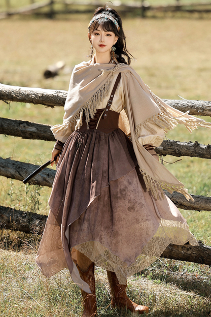 サンセット民族フードケープ+サスペンダースカート+トップス