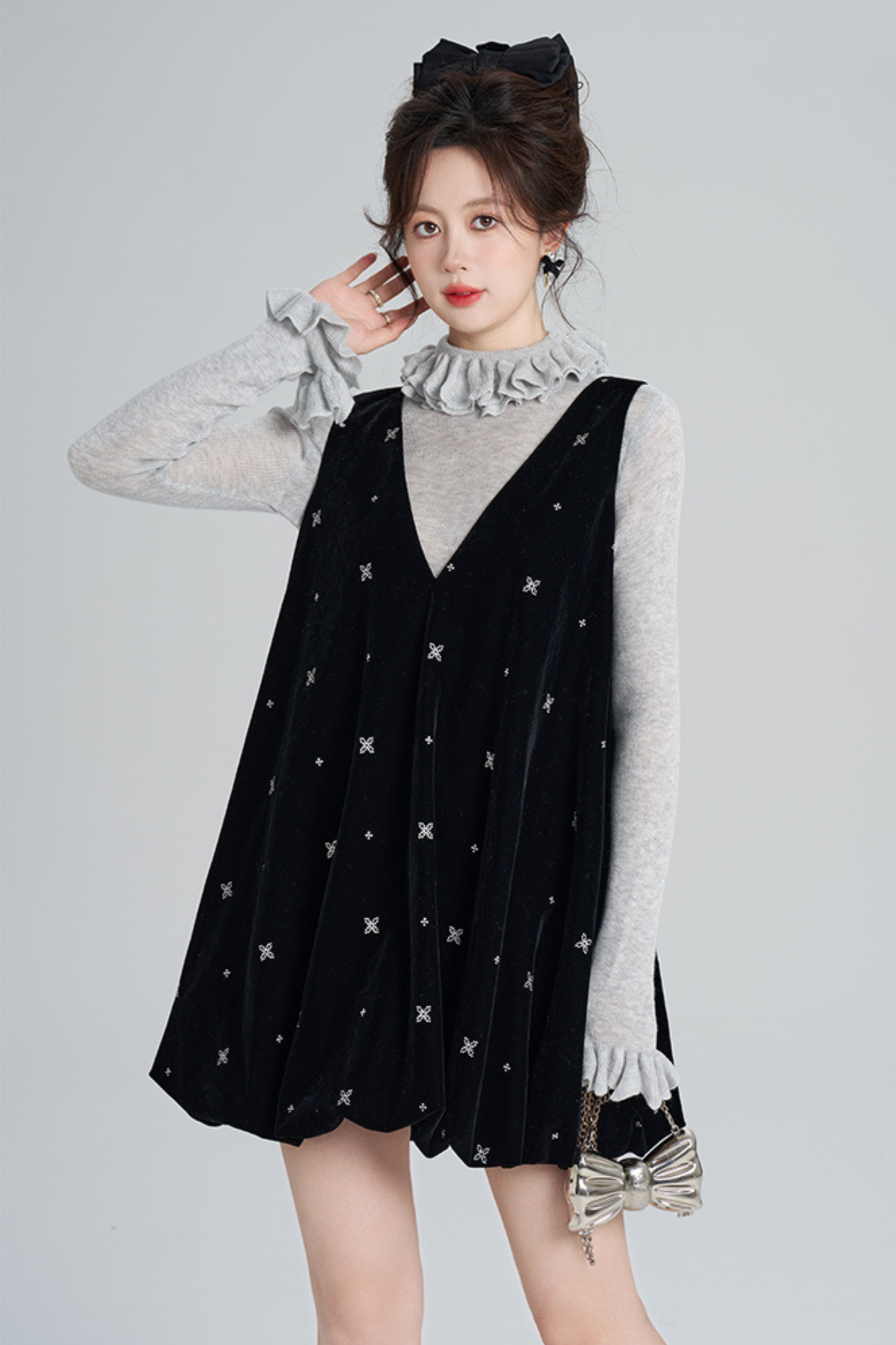 フレンチブラックベルベットリボンバルーンドレス