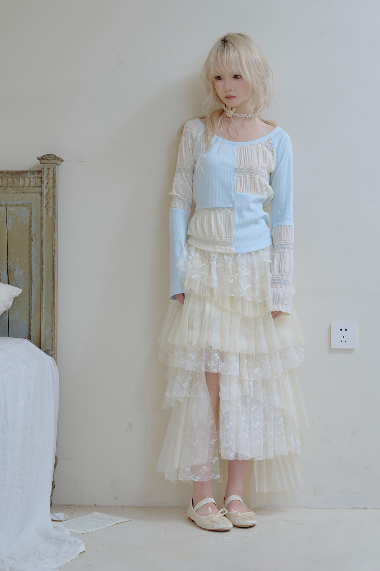 パッチワークデザインクルーネックトップス