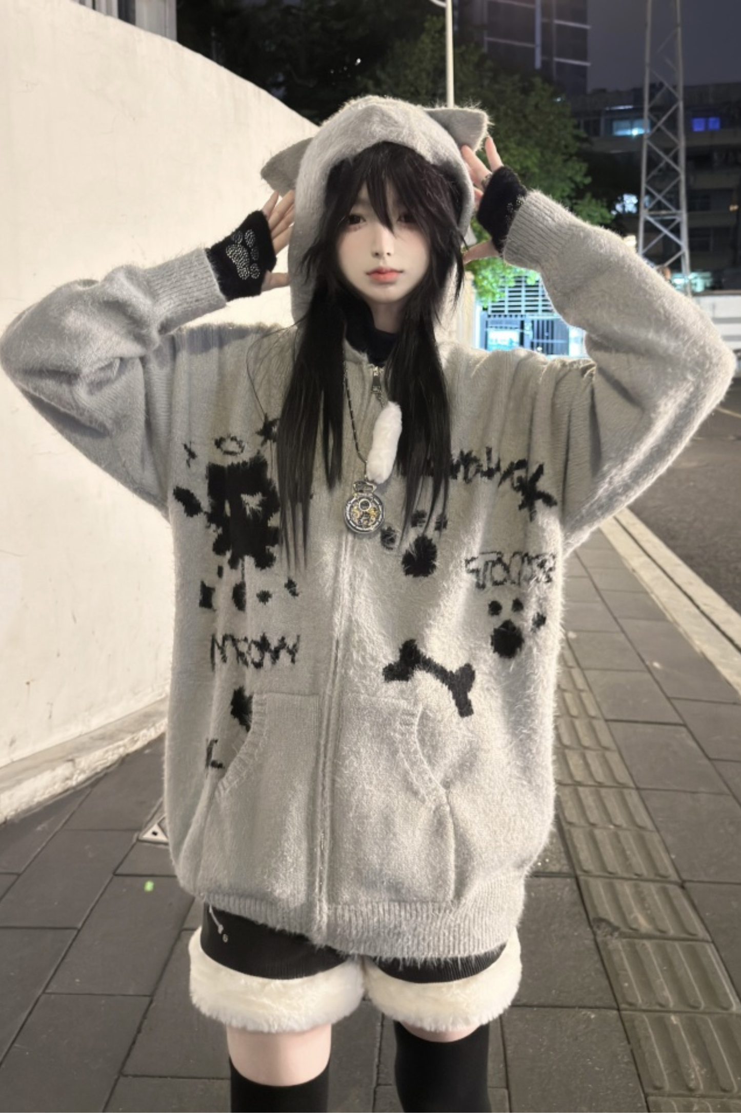 Cat Ear Hood Loose Zip Cardigan