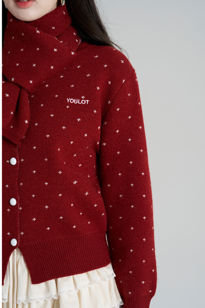 フレンチスタイルドットマフラー付きンカーディガン