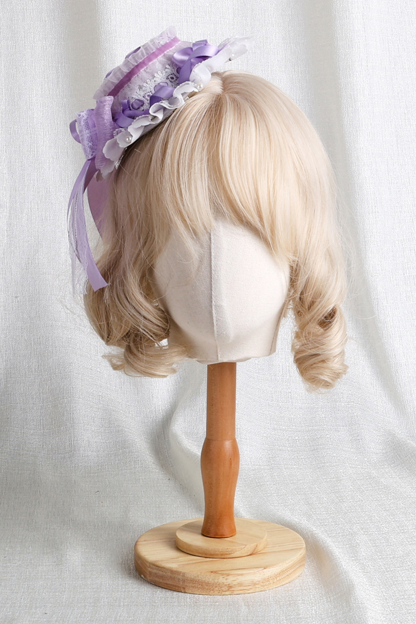 パープルブライダルリボンフラワーボンネット+ハットクリップ+ヘアバンド+リボンクリップ+スリーブ