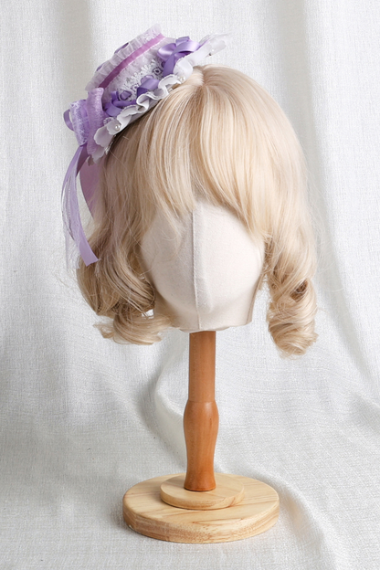 パープルブライダルリボンフラワーボンネット+ハットクリップ+ヘアバンド+リボンクリップ+スリーブ