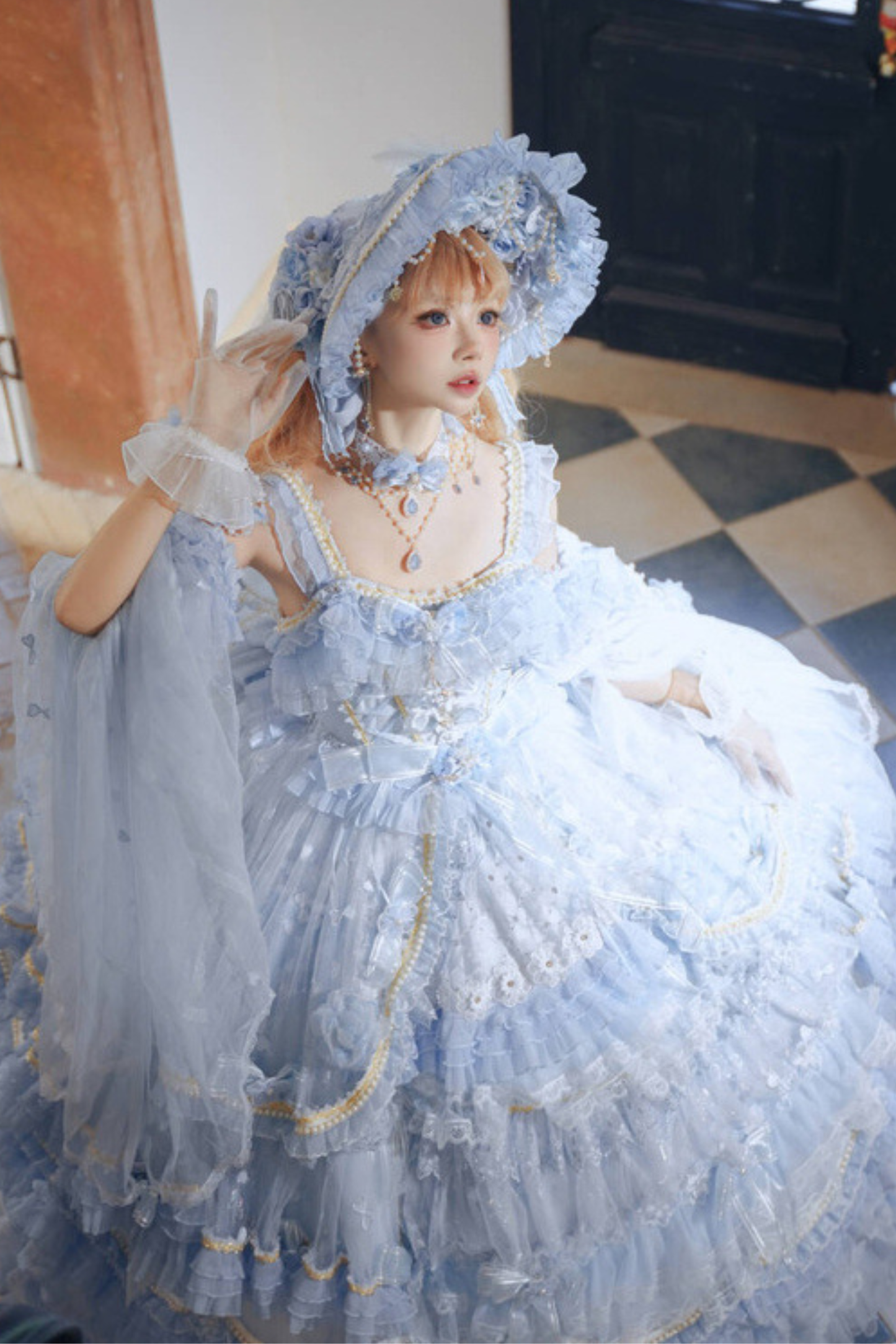 ゴージャスアイスブループリンセスロリータロングドレス