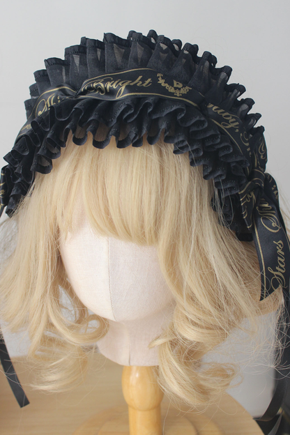 ブラックゴールドロリータヘッドバンド+リボンカチューシャ+チョーカー+ハットベール+スリーブ