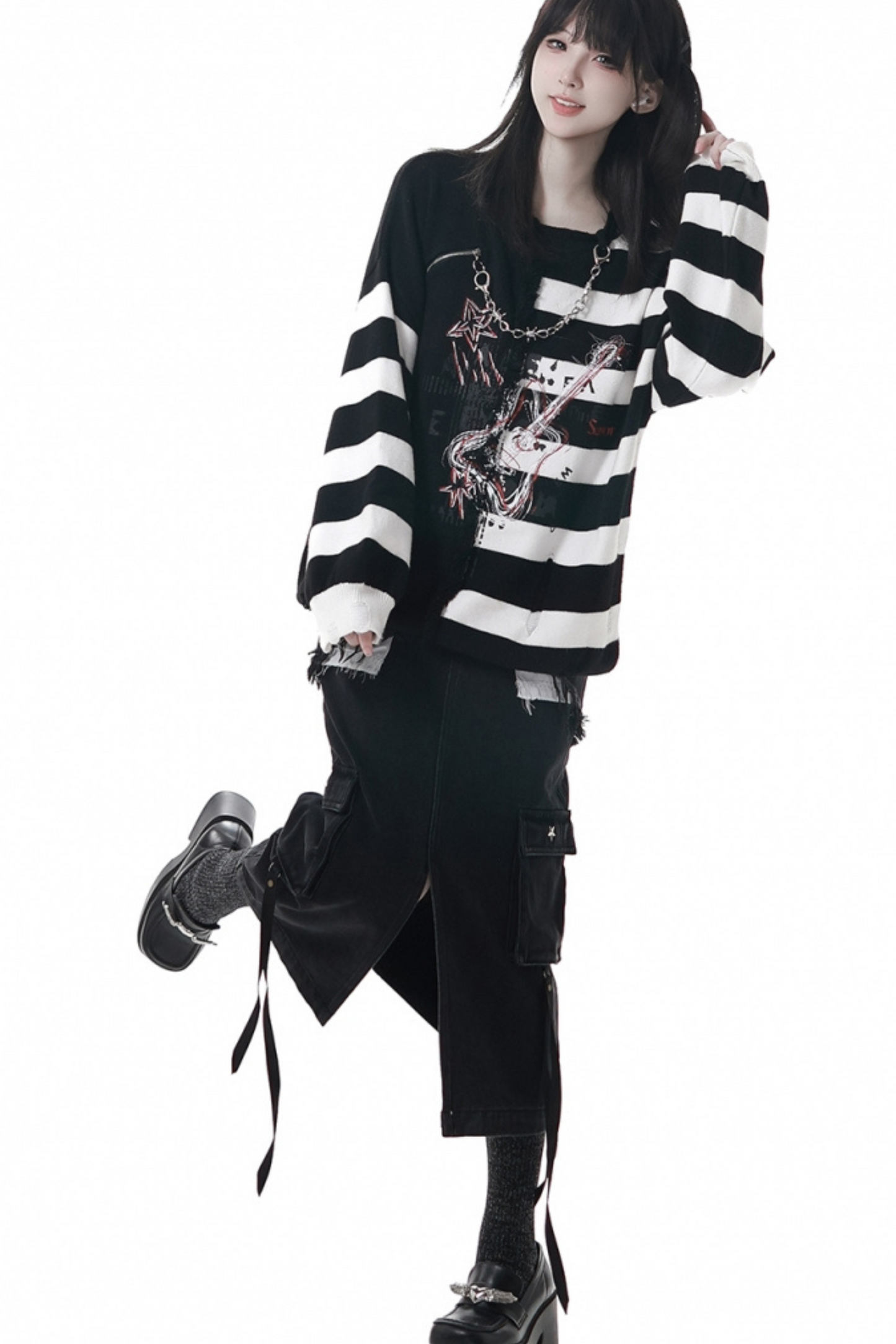 アシメボーダーセーター+デニムスカート