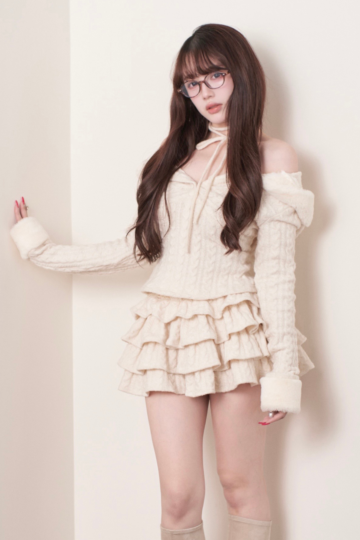 ケーブルニットトップス+ティアードスカート