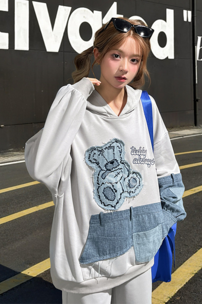 Patchwork Bear Design Loose Hooded Hoodie + Sweatpants