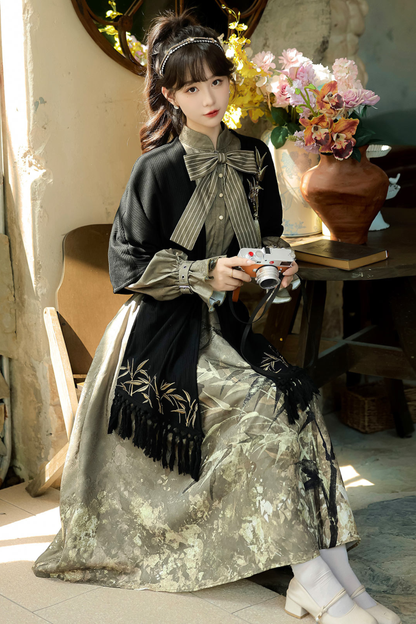 Chic Dark China Print Dress + Shawl