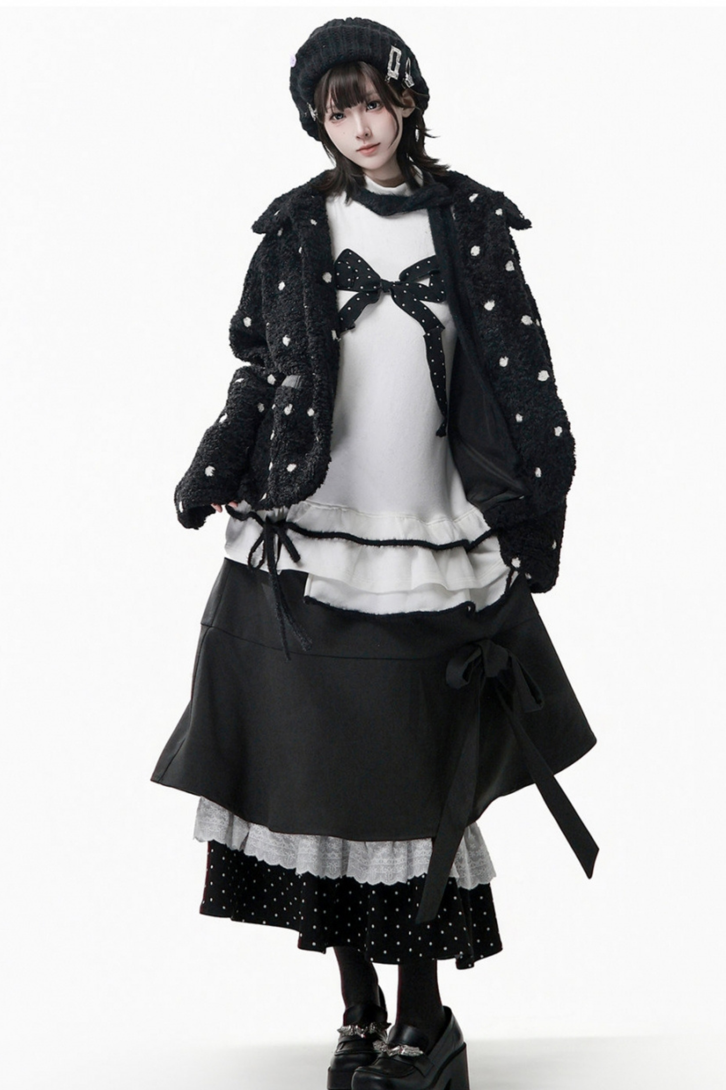 ポルカドットウィンターフリースジャケット+ベスト+トップス+スカートスカーフ